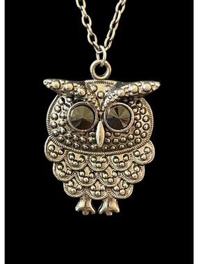Owl Marcasite Black Crystals 30” Silver-tone Pendent Opera Necklace Animal Charm